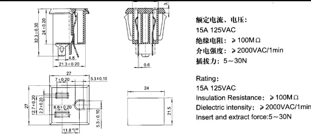 Factory directly wholesale price 3 pin / hole AC socket adapter power supply with 15a 125v AC