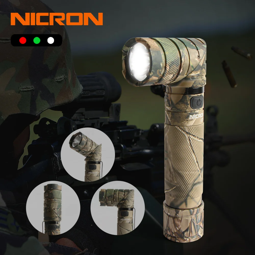 NICRON 3-Color Light 90 Degree Camo Rechargeable Twist Flashlight With 360 Rotary Clip 18650 Waterproof 1200LM LED Torch B70Plus