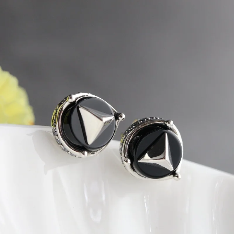 Natural black agate earrings non-mainstream men's simple round 925 sterling silver earrings factory direct free shipping