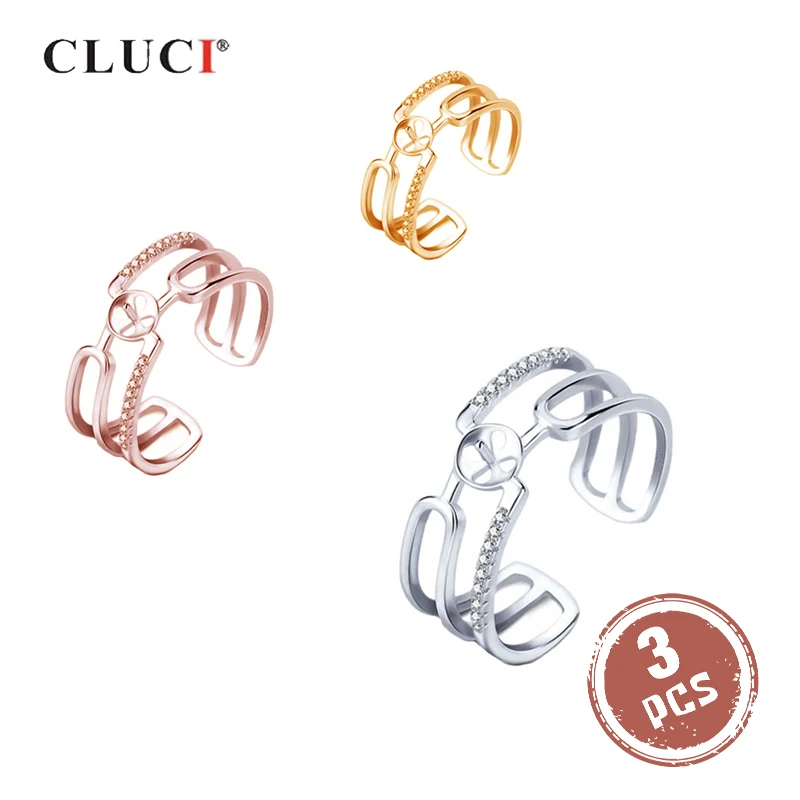 

CLUCI 3pcs 925 Sterling Silver Women Adjustable Pearl Ring Mounting Silver 925 Zircon Hollow Open Rings Jewelry SR2067SB