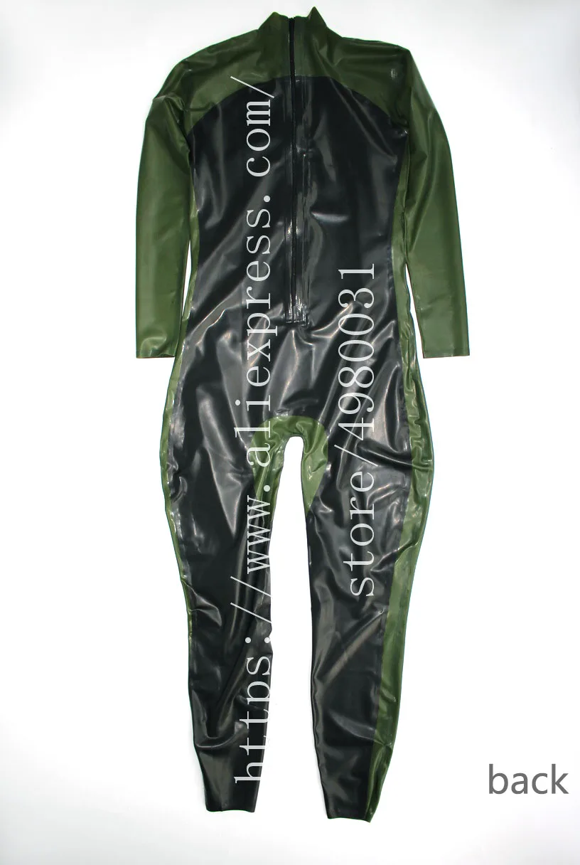 Latex catsuit mannen in Zentai lange mouwen catsuit homme met back zip tot taille back in zwart met groene bekleding kleuren