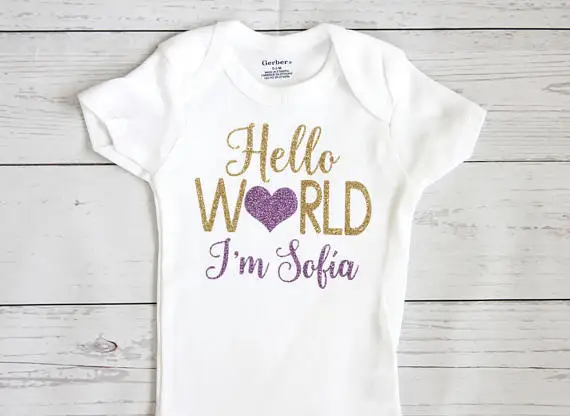 csutom name HELLO WORLD birthday baby bodysuit onepiece romper Outfit Take Home toddler shirt baby shower New Year party favors