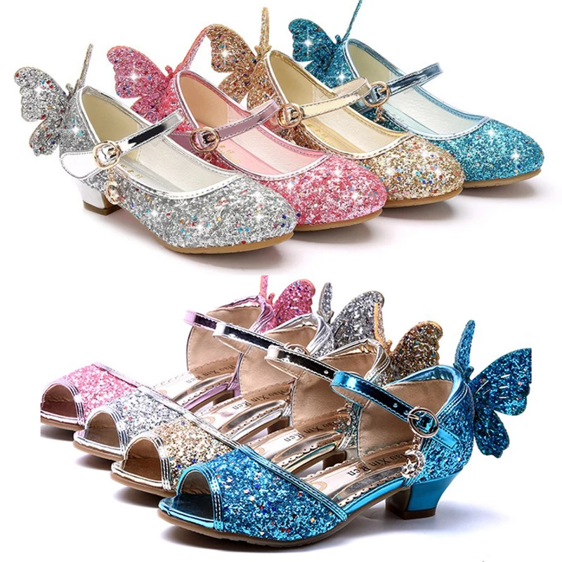 Girls Shoes Glitter Butterfly Children Sandals for Princess Spring   Summer Low Heels Kids Girls Wedding Shoes Party Dress Shoes