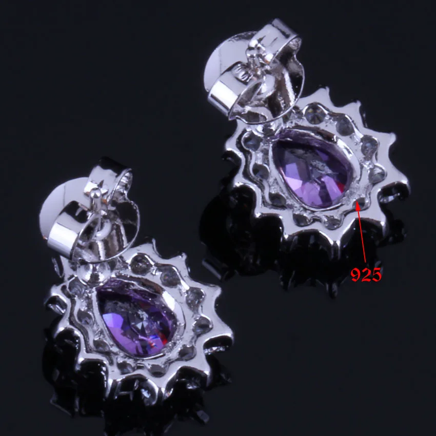 Divine Purple Cubic Zirconia White CZ Silver Plated Jewelry Sets Earrings Pendant Chain Ring V0327