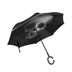 Black Skull Printed Reverse Umbrella Windproof Double Layer Inverted Chuva Umbrella Self Stand Rain Protection C-Hook Hands