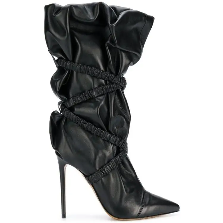 

Winter Boots Women Wrap Mid-calf Slip-On Elastic Band Plush Pointed Toe Pleated Design High Heel Boots Black Band Heels