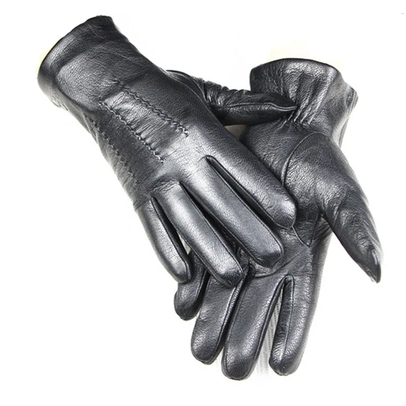 Men Winter Genuine Leather Gloves Deerskin Watermark Pattern Wool Lining Velvet Lining Free Shipping