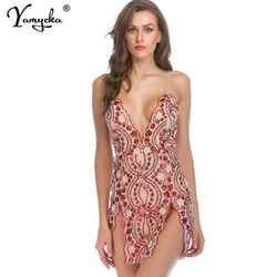 Sexy Backless Black Gold Red slip sequin summer dress women Mini Vintage bodycon Party dress elegant Night club dresses vestidos