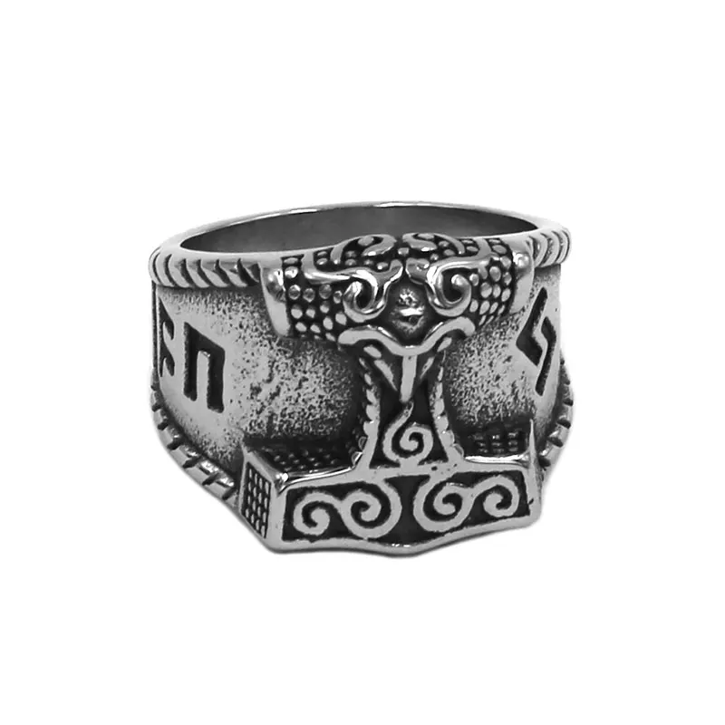 Tribal Symbol Myth Thor Hammer Ring Stainless Steel Norse Viking Rune Skull Biker Men Jewelry Gift SWR0758 view 5