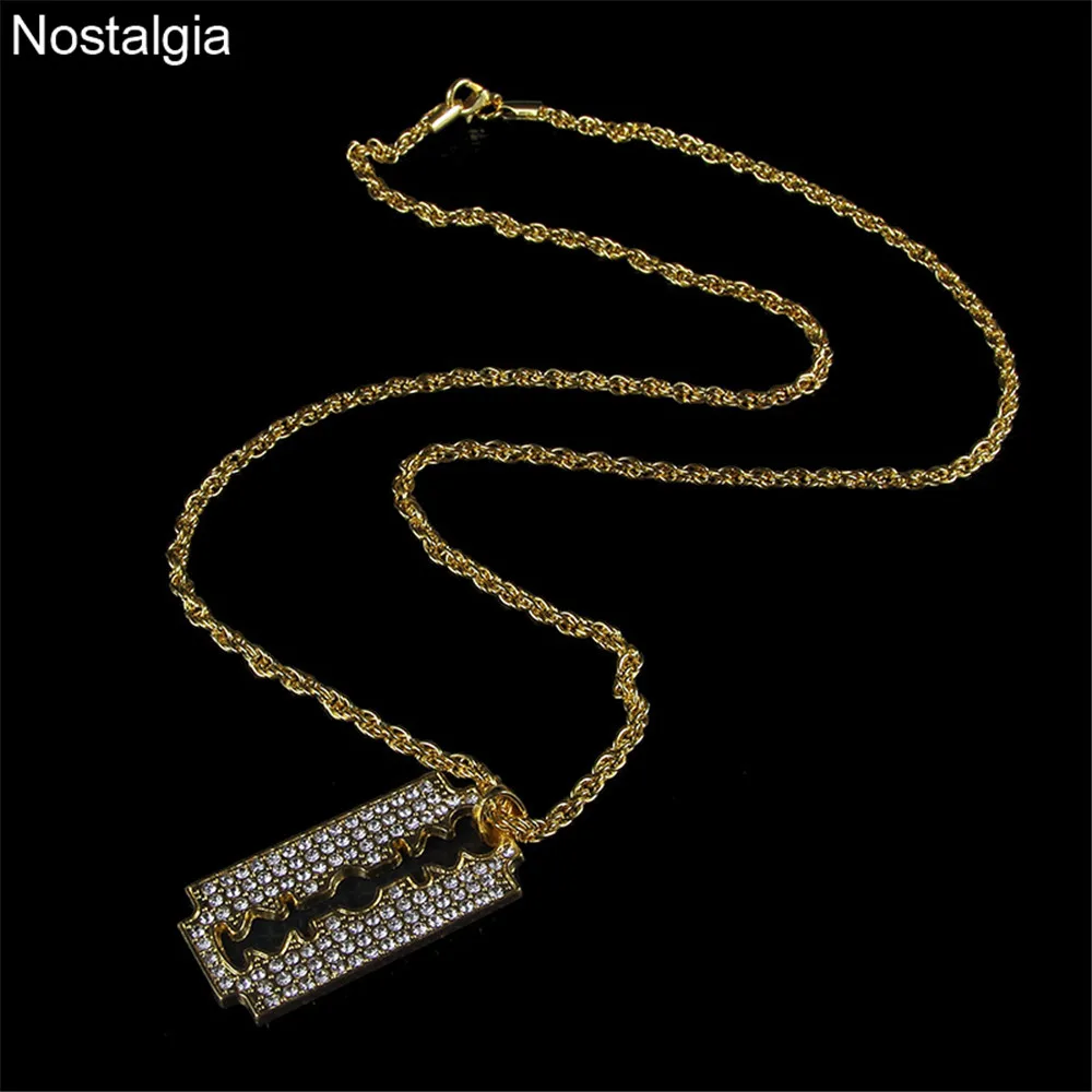 Nostalgia Crystal Charm Razor Blade Long Necklace With Big Pendant Barber Hiphop Mens Womens Jewelery