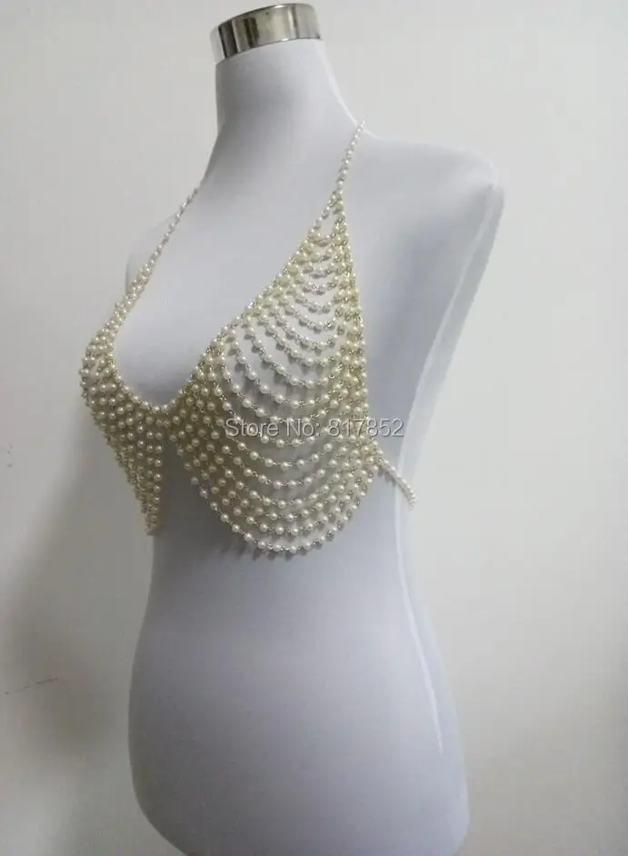 NEW STYLE FASHION WOMEN WHITE IMITATION PEARLS BEADS BRA Chains JEWELRY 2 COLORS  WRB12