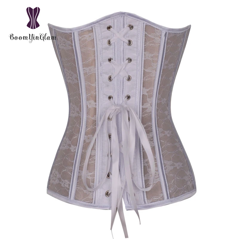 High quality metal busk clips steel boned corset white bridal corset sexy transparent floral lace women bustier 8321#