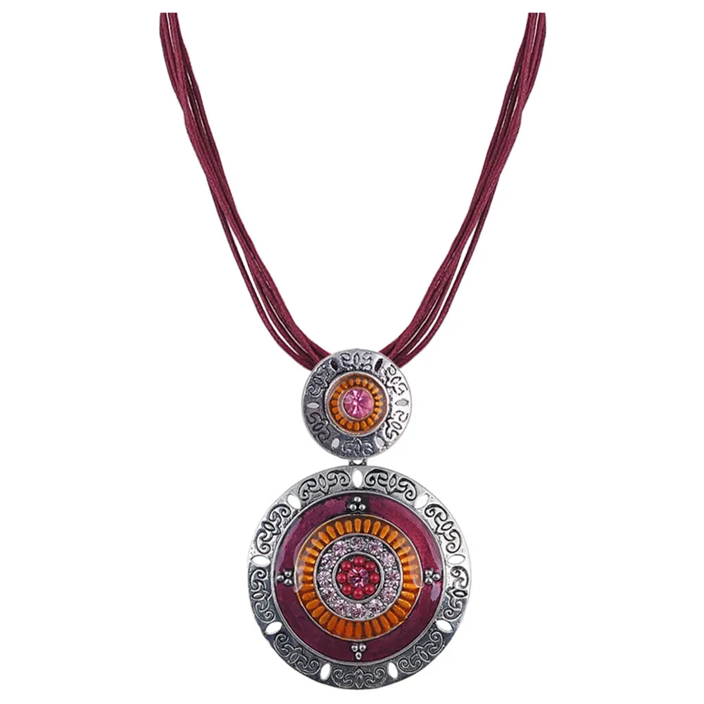 Fashion Bohemia Style Trendy Necklace Pendant Vintage Round Zinc Alloy Enamel Rhinestone Bead Statement