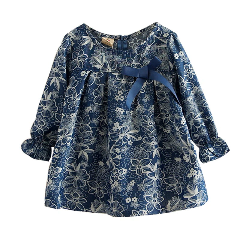 Spring Autumn 2 3 4 6 8 10 Years Child Birthday Gift Long Sleeve Flower Print Blue Colour Bow Cute Kids Girls Blouse Shirt