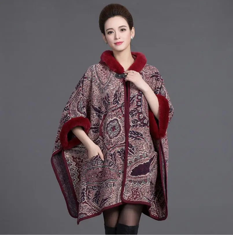 

2018 New Autumn Winter Women Faux Fur Collar Cape Shawl Cardigan Women printed Knit Cardigan Sweater Poncho r329