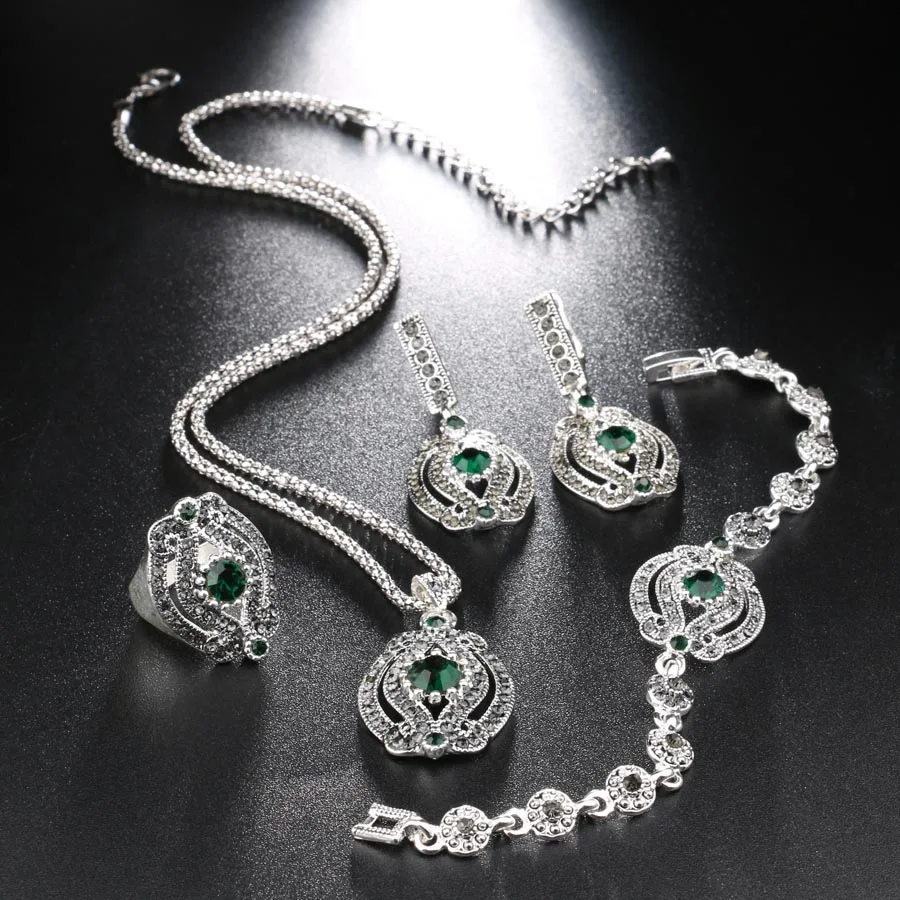 4 Pcs/lot Hot Vintage Wedding Jewelry Sets Gray Crystal Necklace Earrings Bracelet And Rings For Women Party Accessories