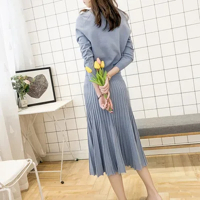 Fashion Sweet Girl 2 / Two Pieces Sets Elegant Slim Bow Collar Knitted Sweater Tops + Pleated Skirt Suit For Women Clothing