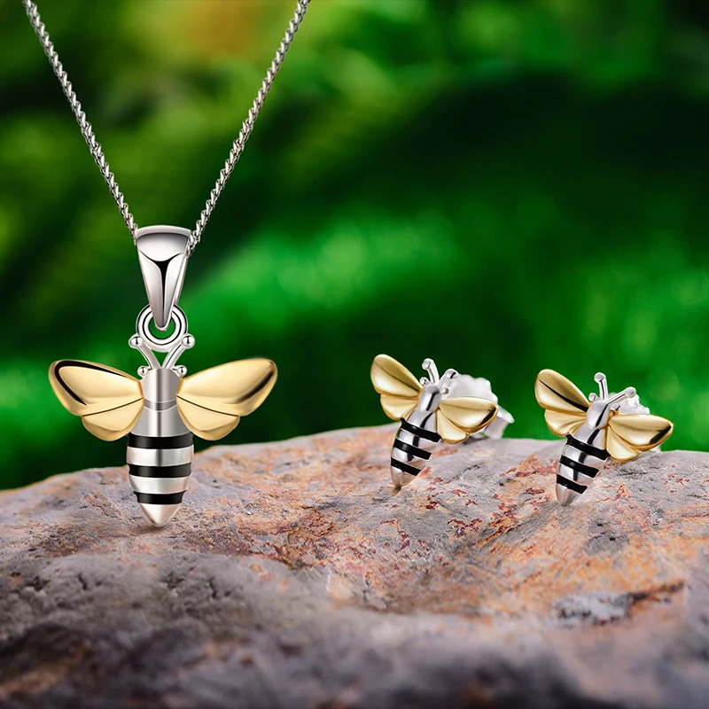 Lotus Fun Real 925 Sterling Silver Handmade Fine Jewelry Lovely Honey Bee Jewelry Set with Stud Earrings Pendant Necklace