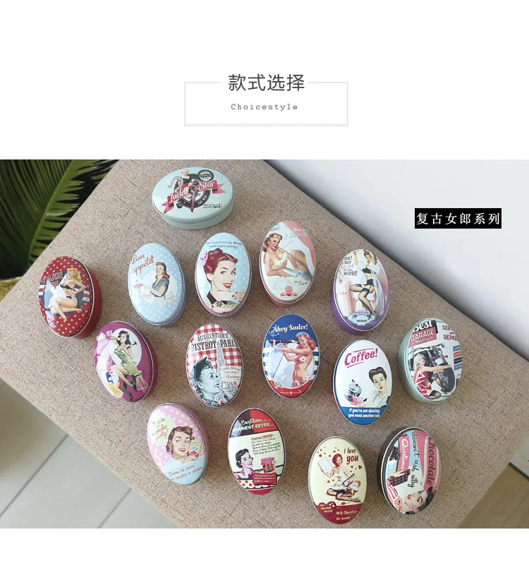 30pc/box Oval ShapeStorage Box Vintage Lady Printing Small Candy Box Handmade Soap Case Mini Tin Jewelry box Small Pill Case