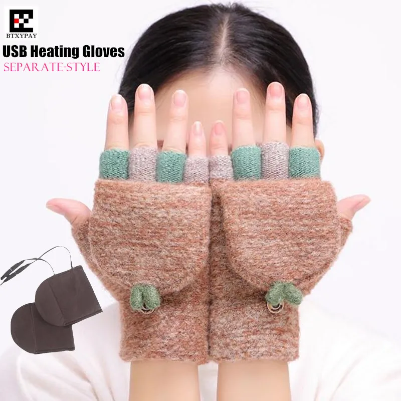 

100p Winter Warm Girl Student Homework Separate Type USB Heating Gloves,Women Office Hand Back Heated Knitted Half Finger Gloves