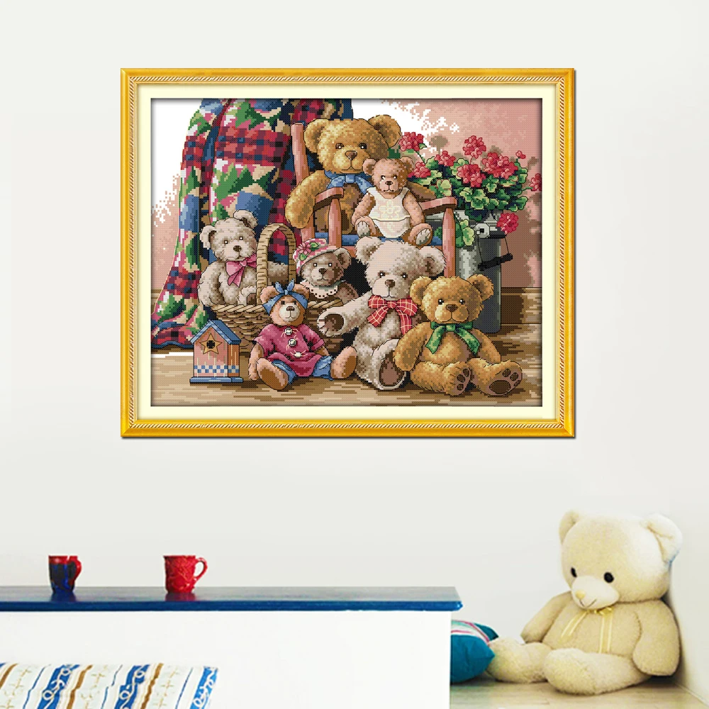 Joy sunday cartoon style Bear family stamped fabric cross stitch pattern needlepoint kits for home decoration