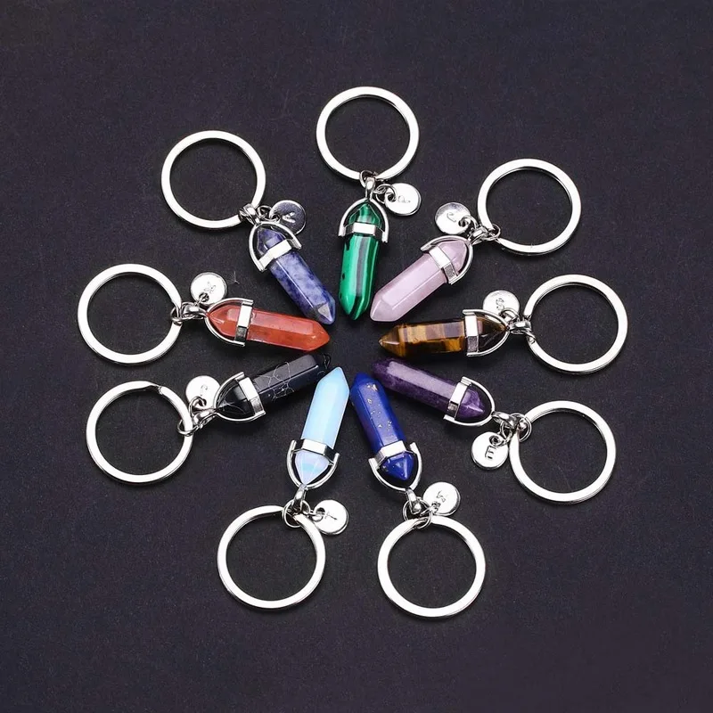 Natural Stone Pendant Keychain Natural Quartz Stone 26 letter Pink Crystal good luck Key Chains Accessories Jewelry Gift