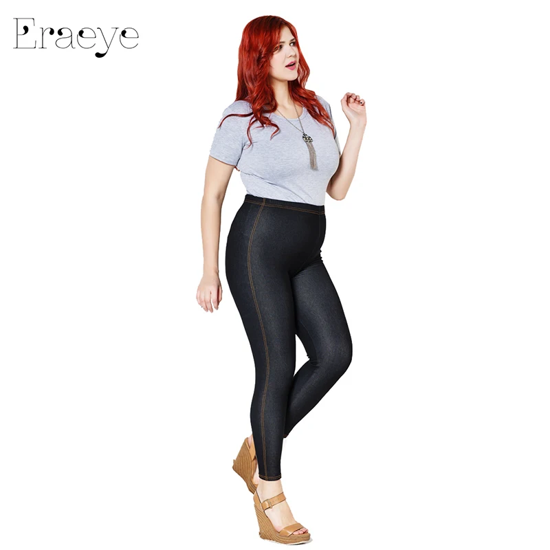 ERAEYE lady imitacja dżinsów dziewiąte spodnie duże rozmiary 5xl wysoki elastyczny chudy cienki czarny niebieski Denim Sexy Hip ołówek legginsy ze średnim stanem