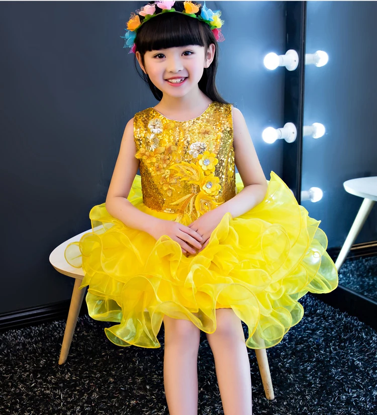 Children Short Birthday Party Cupcake Pageant Clothes Sequins Wedding Princess Dresses Lavender Yellow Red Ball Gown Dress Kids