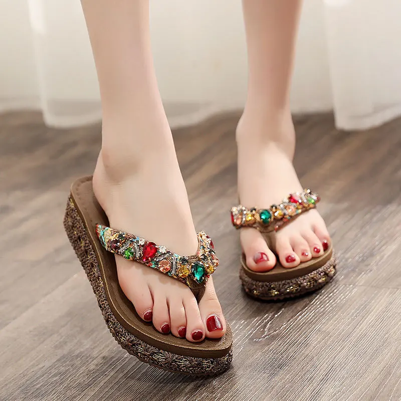 slippers sandals women 2023 rhinestone flip flops Clip Toes Womens Wedge Summer Sandals Casual Beach Slippers Rubber Slip-on