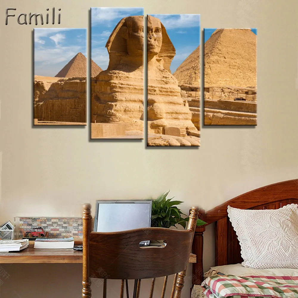 4 pcs/set Art Egypt Pyramids Camel Print Canvas Oil Painting Unframed Wall Pictures for Living Room Top Wall Decor Animal Poster