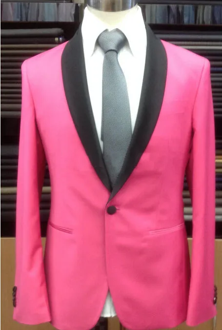 

Custom Made To Measure men suit,Bespoke hot pink groom wedding tuxedos with black shawl lapel,tailor made pink suit(jacket+pants