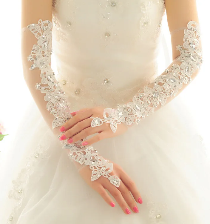 JaneVini Luxury Ivory Long Wedding Gloves Appliques Beaded Tulle Fingerless Gloves for Ladies Bridal Gloves Wedding Accessories