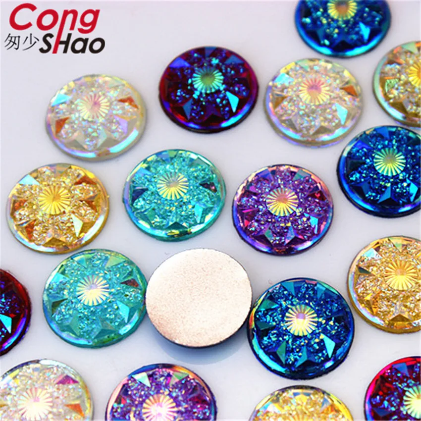 Cong Shao 200PCS 14mm AB Color Round Resin Rhinestone Applique Stones Crystals Flatback Beads Crafts Clothing Accessories CS490