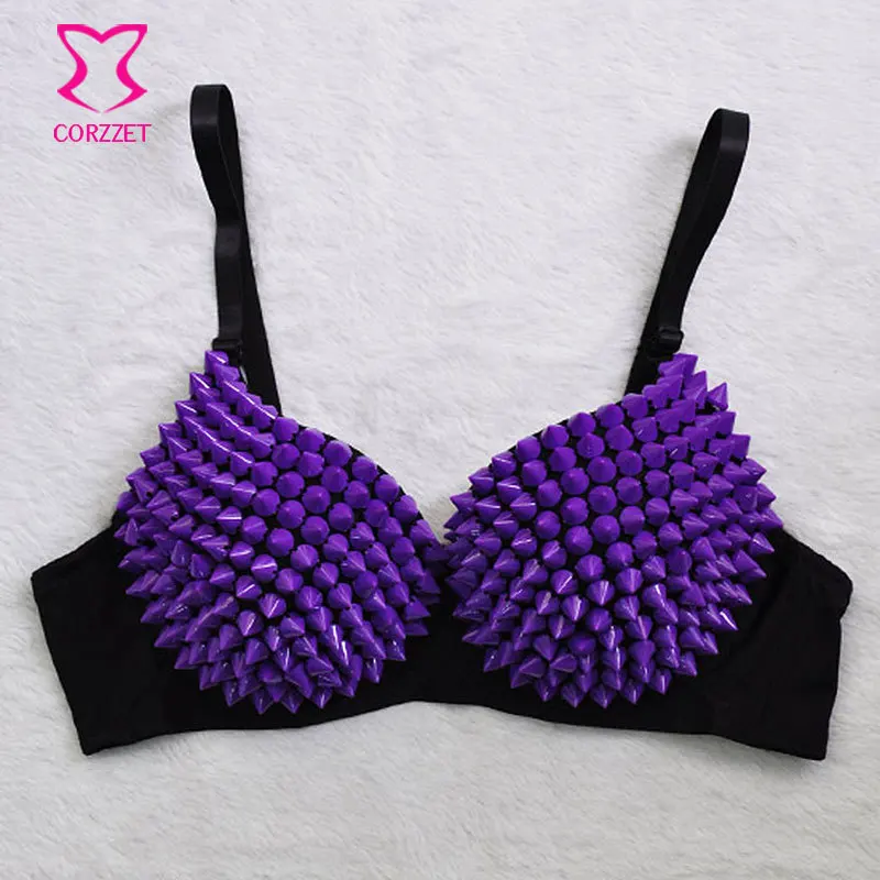 Fioletowy cukierek kolor kolec punkowy z ćwiekami nitami Sujetadores Push Up Soutien wąwóz seksowny biustonosz kobiety Bralette biustonosz na zabawa w klubie