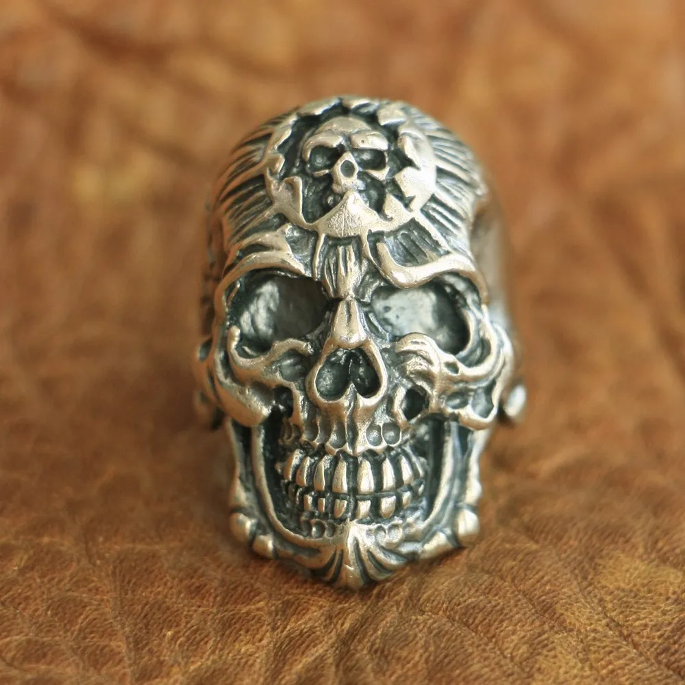 

LINSION 925 Sterling Silver King of Hell Devil Skull Ring Mens Biker Punk Ring TA101 US Size 7~15