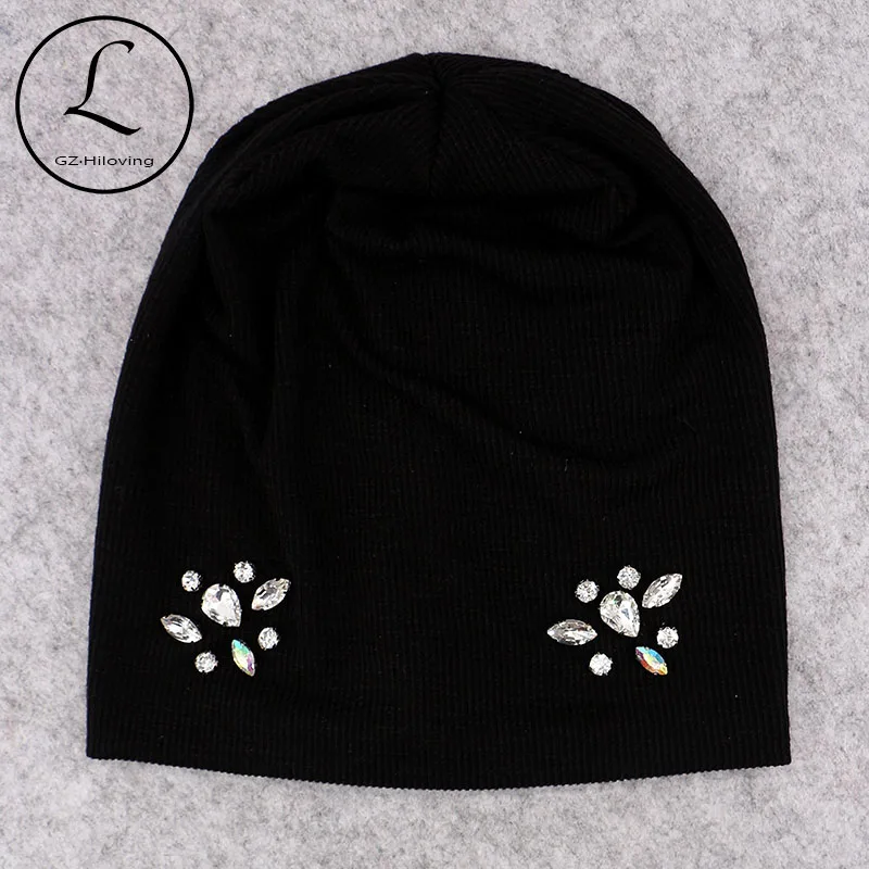 

GZHilovingL 2019 Soft Cotton Diamonds Women beanies Hats Fashion Solid Color Ribbed Oversize Slouch Skullies Hats For Ladies