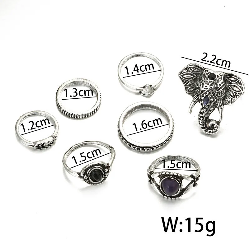 7pcs/set Vintage Stylish Punk Black Blue Opal Elephant Ring Set for Women Boho Carved Knuckle Midi Rings Set Party Gift