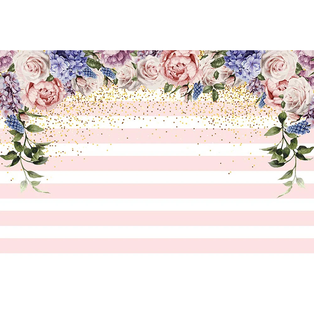 

Pink and White Striped Photo Backdrop Printed Roses Flowers Newborn Baby Shower Props Wedding Birthday Party Booth Background