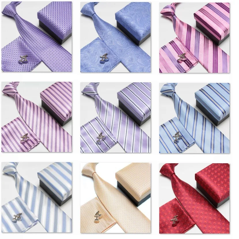 

2019 men's fashion high quality grip neck tie set neckties cufflinks silk ties cuff links pocket handkerchief