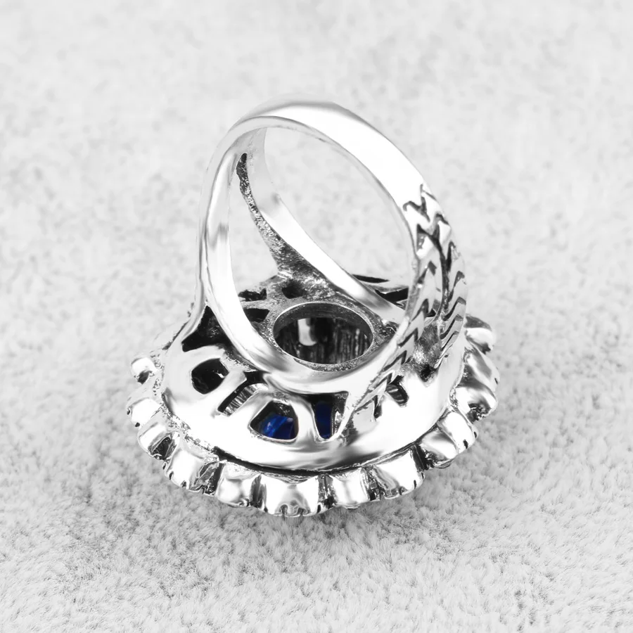 Fashion Blue Crystal Flower Rings For Women Tibetan Silver Vintage Big Wedding Ring Bohemia Jewelry