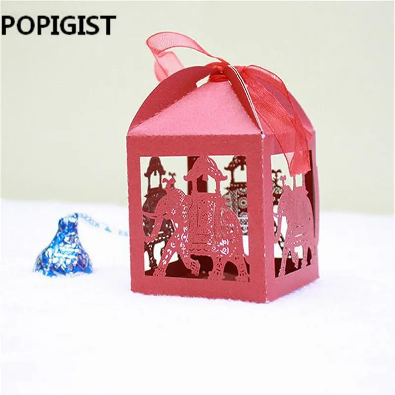 Elephant Laser Cut Hollow Carriage Favors Box Gifts Candy Boxes With Ribbon Baby Shower Wedding Event Party Supplies 50