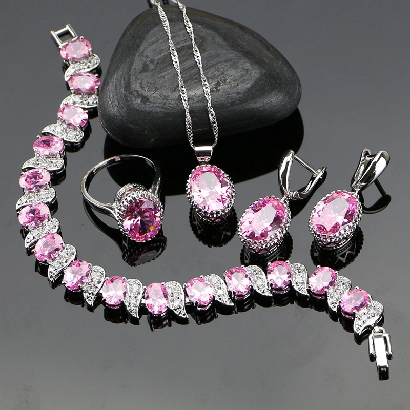 

Oval Pink Crystal Zircon Wedding 925 Sterling Silver Jewelry Sets For Women Earrings/Rings/Bracelet/Necklace/Pendant Free Box