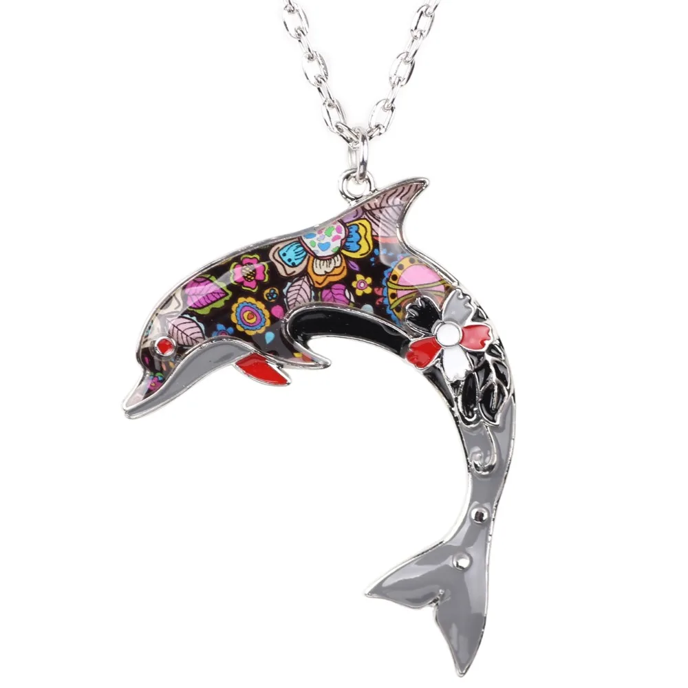 Bonsny OCEAN Collection Maxi Statement Metal Alloy Choker Dolphin Necklace Chain Collar Pendant Fashion New Enamel Jewelry Women