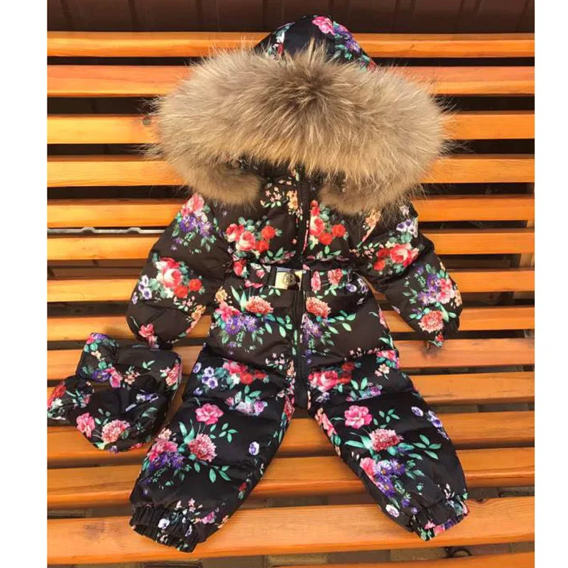 Real fur hooded 2021 Winter Jacket child jackets children jumpsuit snow suit girl floral black climbing down overall Ski suit