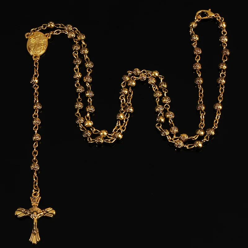 4mm edelstahl bead halskette, vintage gold rosenkranz kleine halskette, weibliche halskette Jesus kreuz halskette.