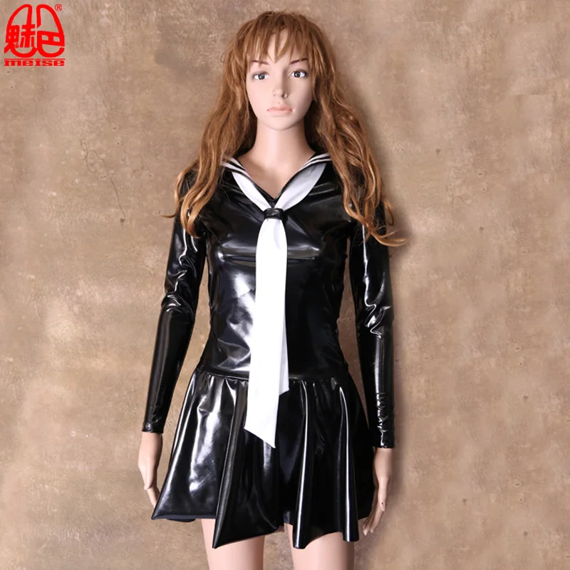 Sexy Women Latex Cosplay PVC Shiny MINI TUTU Dress Sailor Collar Japanese School Uniform Tie Girl Maid Pleated Mini Dress 93