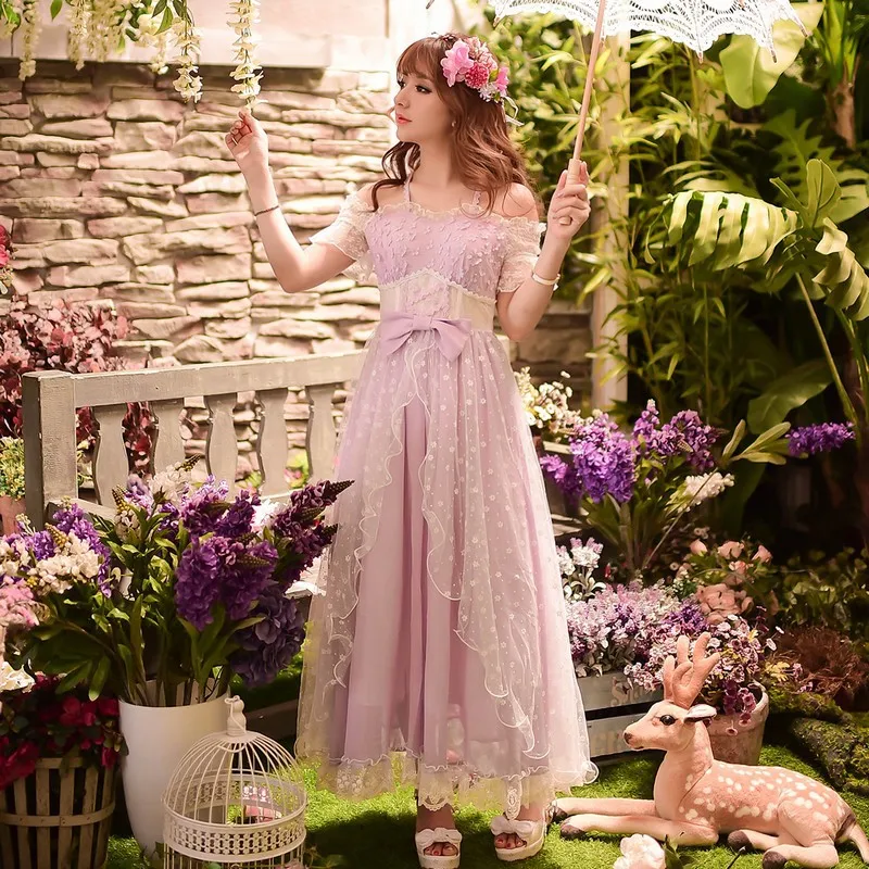 

Princess sweet lolita dress Japanese style sweet Candy rain Summer Dew shoulder chiffon princess fairy long dress C15AB5776