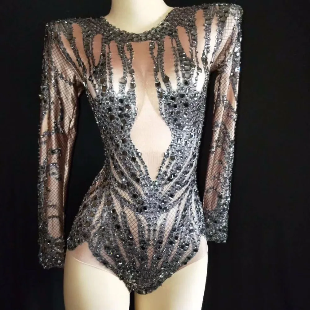 Sexy Sparkly Black Crystals Nude Bodysuit Performance Outfit Party Celebrate Glisten Rhinestones Stretch Leotard Stage Bodysuit