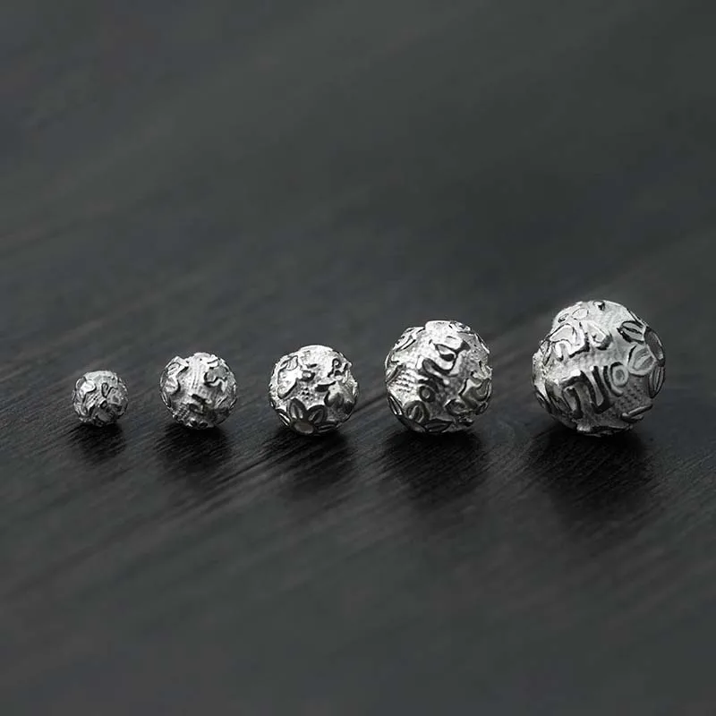 1pc 925 Sterling Silver Craft Buddhism Spacer Beads 6-14mm Round Ball Prayer Charm S925 Silver Beads DIY Jewelry Making Findings