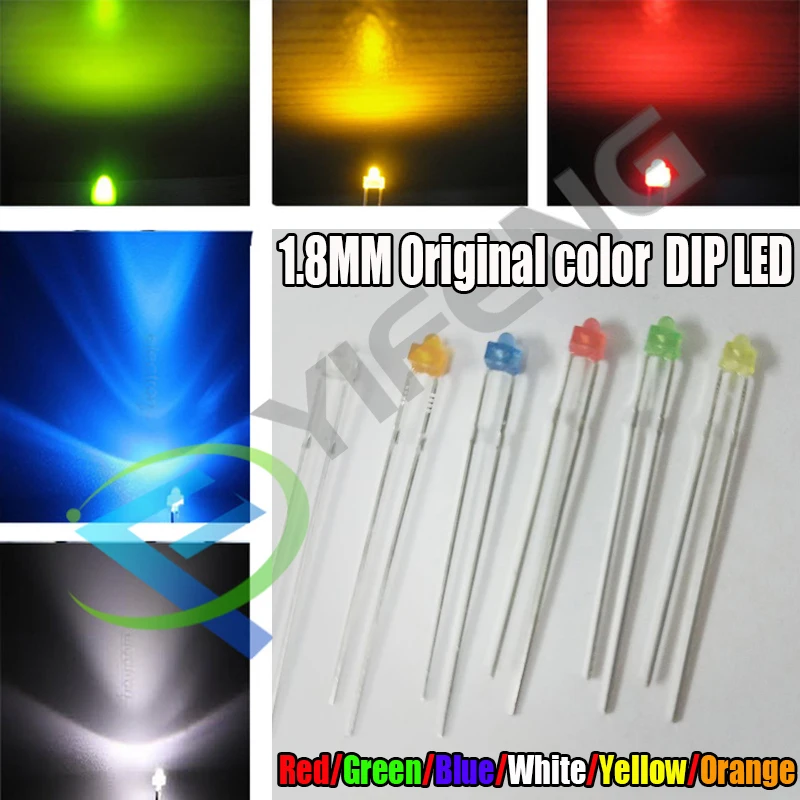 30 SZTUK 1,8 mm dioda LED Światło Biały Żółty Czerwony Zielony Pomarańczowy Niebieski Oryginalny kolor DIP LED
